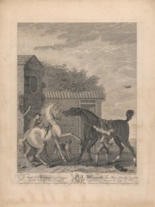 Ein Satz von sieben, ohne Titel, jeder gewidmet: Dem Ehrenwerten Thomas Lord Viscount Weymouth...vom Originalgemälde in Long Leat Hall. [Zwei Pferde stehen unruhig vor einem Stall...] von L. Truchy