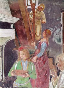 Junger Diener, der einen Teller hält, Detail von St. Benedikt empfängt Gastfreundschaft, aus dem Leben des hl. Benedikt, 1497-98 (Detail)