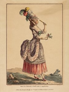 La Gallerie des Modes; Le Clerc; Dupin - Druck; kolorierte Gravur - Robe à Polonaise aus einfarbigem Stoff mit Kapuze