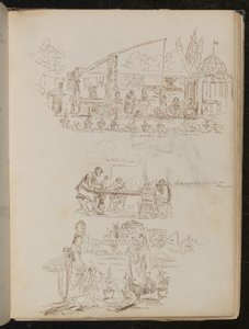 Ein Garten- und Wäscheszene mit weiblichen Figuren mit der Aufschrift Genuesischer Brunnen, und eine Studie von vier Figuren mit der Aufschrift Manentis Familie beim Abendessen