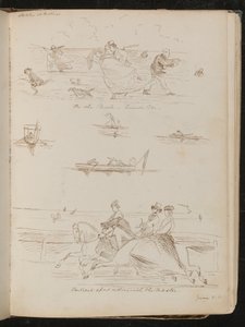 "Auf der Parade, ein windiger Tag", Boote mit Tagesausflüglern, Reiter auf Pferden mit der Inschrift "Reiten mit dem Meister"