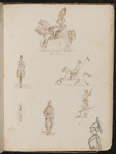 Sechs Studien von Soldaten, einer zu Pferd beschriftet "die Blues", kleine Studie eines Pferdes von vorne