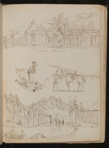 Studie einer "genuesischen Villa", ein Mann mit Pfeife, ein Packpferd, ein landschaftlich gestalteter Torbogen mit Figuren
