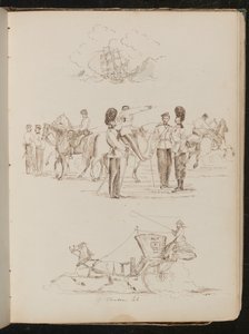 Studie eines Schiffes auf dem Wasser, Studie von acht Soldaten und fünf Pferden, Studie eines Pferdes und einer Kutsche mit einer Reiterin