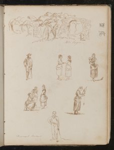 Studie einer Landschaft mit Bäumen und Ruinenbögen beschriftet "In der Nähe von Frejus", sechs Studien von Figuren beschriftet "Provenzalische Bauern"