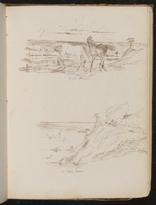 Studie von zwei Pferden in der Landschaft, Küstenszene und Klippe von Lady Butler
