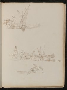Drei Studien von Schiffen, Booten und Küstenlandschaft von Lady Butler