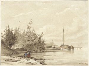 Landschaft mit festgemachten Booten an einem Flussufer