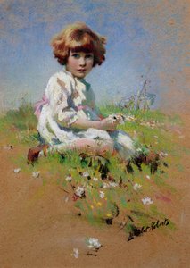 Marjorie - ein Mädchen pflückt Gänseblümchen von Lancelot Roberts
