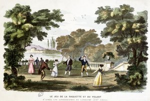 Alte Spiele: das Spiel von Schläger und Federball, Vorläufer von Badminton, basierend auf einer Lithographie von Langlumé, 19. Jahrhundert. von Langlume Langlume
