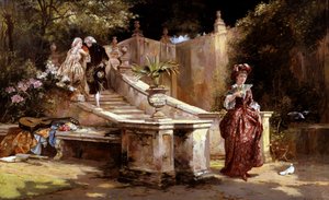Ein geheimes Rendezvous. Eine Frau auf der Treppe flüstert einem maskierten Mann hinter einem Fächer ins Ohr (Verleumdung, üble Nachrede). Ein junges Mädchen unten auf der Treppe lächelt, ohne sich umzudrehen. Eine Gitarre mit einer... von Laslett John Pott