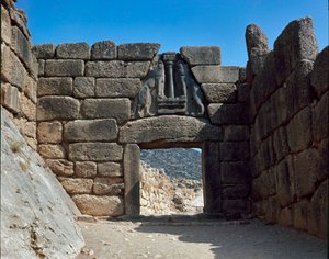 Das Löwentor: Stätte der antiken Stadt Mykene, auf dem Peloponnes (1500-1100 v. Chr.) Griechenland