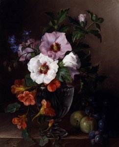 Stillleben mit Hibiskus und Kapuzinerkresse in einer Glasvase. Sammlung Privée