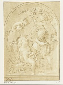 Fünf Putti mit Blumen und Girlanden bei einer Vase von Leendert Brasser