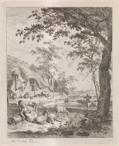 Schäferin mit Schafen vor einem Bauernhof von Leendert Overbeek