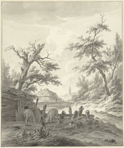 Landschaft mit einem Schweinestall im Vordergrund