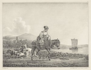 Frau auf Esel in Landschaft von Leendert de Koningh