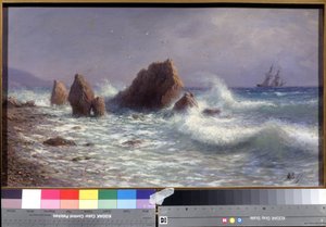 Am Ufer von Livadia (im Krim-Golf, Ukraine). Meereslandschaft mit einem Segelboot in der Ferne und den Wellen des Schwarzen Meeres, die auf die Riffe schlagen. Gemälde von Lev Felixovich Lagorio (1827-1905), Öl auf Leinwand von Lef Feliksovich Lagorio