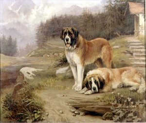 Zwei Bernhardiner in einer alpinen Landschaft