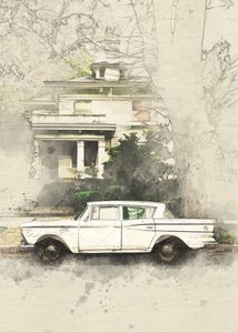 Vintage Auto Altes Haus Skizze