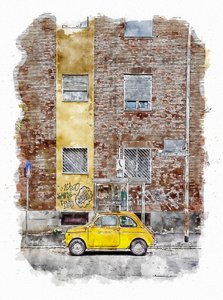 Gelbes klassisches Straßenauto von Lembayung senja studio [Vintage Poster]