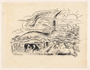 Zwei Vögel fliegen über eine Landschaft mit Vieh von Leo Gestel (signed by artist)