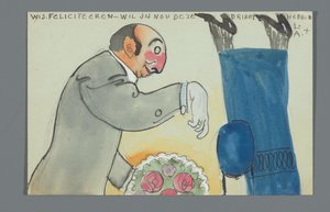 Postkarte mit einer Zeichnung des Unterkörpers von An Overtoom und Oberkörpers von Leo Gestel mit Blumenstrauß