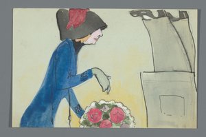 Postkarte mit einer Zeichnung des Unterkörpers von Leo Gestel und Oberkörpers von An Overtoom mit Blumenstrauß