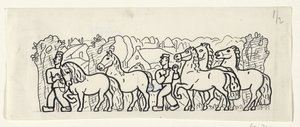 Zwei Bauern führen ihre Pferde durch ein Dorf von Leo Gestel