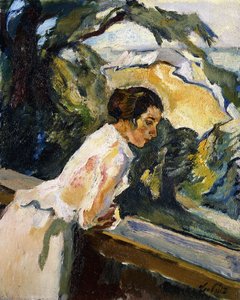 Frieda, die Frau des Künstlers, lehnt sich über den Balkon, ca. 1919-1922
