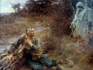 Der Tod und der Holzfäller. Illustration für die Fabel von Jean de La Fontaine (1621-1695). Gemälde von Leon Augustin Lhermitte (1844-1925) 1893, 2.06 x 2.42 m. Château-Thierry, Musée La Fontaine von Leon Augustin Lhermitte