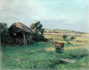 Landschaft mit einer Bäuerin, die eine Kuh melkt, Mitte der 1880er Jahre von Leon Augustin Lhermitte