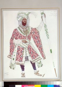 Russisches Ballett - Kostüm gezeichnet für das Ballett "Der blaue Gott" unter der Regie von C. Michel Fokine von Leon Bakst