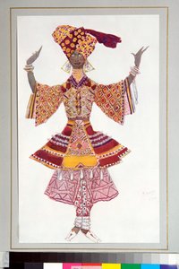 Russisches Ballett - Kostüm gezeichnet für das Ballett "Der blaue Gott" unter der Regie von C. Michel Fokine von Leon Bakst