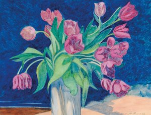Rosa Tulpen in einer Vase, im Hintergrund eine Meereslandschaft mit Dünen, 1935