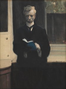 Selbstporträt mit blauem Skizzenbuch