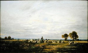 Hirtin, die ihre Herde beobachtet von Leon Victor Dupre