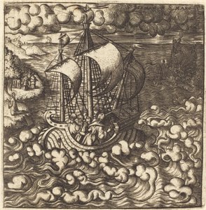Christus betet, während seine Jünger auf einem stürmischen Meer in einem Boot sind