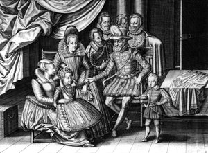 Französischer König Henri IV mit seiner Frau Marie de Medicis und zwei ihrer Kinder: der zukünftige Ludwig XIII und Elisabeth, Gravur von Leonard Gaultier und Le Clerc, ca. 1605 von Leonard Gaultier