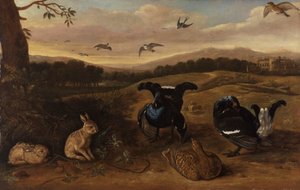 Schwarzwild, Kaninchen und Schwalben in einem Park von Leonard Knyff