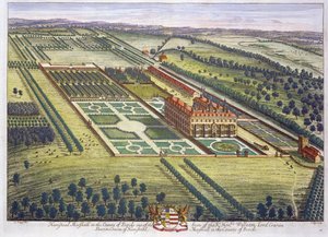 Hamstead Marshall in der Grafschaft Berkshire, graviert von Johannes Kip von Leonard Knyff