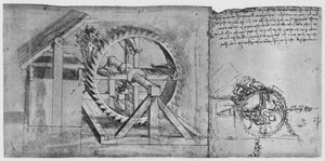 Ein großes Rad, das vier Armbrüste nacheinander abfeuert, ca. 1480, 1945