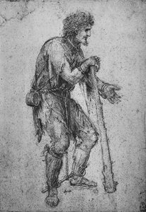 Ein Mann mit einem Knüppel und gefesselten Füßen, ca. 1480