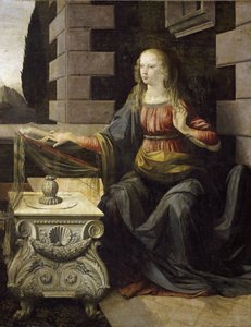Verkündigung. Detail der Jungfrau Maria und ihres Schreibtisches, dekoriert mit einer Jakobsmuschel (um 1475)