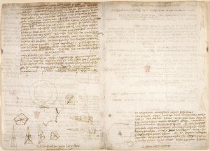 Notizen zur Kosmologie (auf dem Kopf); Diagramme zu Leonardos Beobachtungen zum Schwerpunkt aus dem 
