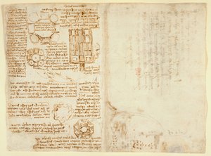 Arundel 263 f.270v, f.263, Zeichnungen von Leonardo Da Vinci über mechanische Kräfte, Schwerkraft, Bewegung, Optik und Astronomie, mit verschiedenen arithmetischen und geometrischen Propositionen