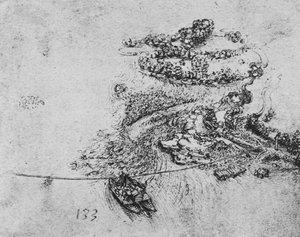 Vogelperspektive eines Flusses mit einer Seilfähre, ca. 1480 1945