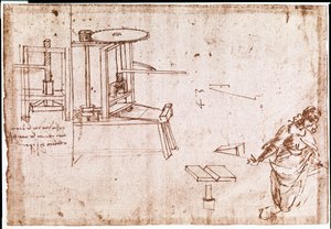 Auszug aus einem Da Vinci Manuskript über die Konstruktion einer Druckmaschine von Leonardo da Vinci