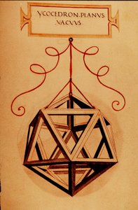 Geometrie: „Ein Ikosaeder“ (Seite aus dem Manuskript „De divina proportione“ von Fra Luca Pacioli, illustriert von Leonardo da Vinci, 1509)