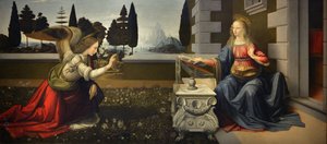 Italien Toskana Florenz, Uffizien: Die Verkündigung, Gemälde von Leonardo da Vinci (1452-1519), Öl auf Holz, ca. 1472-1475, 98x217 cm